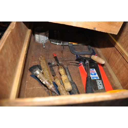 69 - A VINTAGE WOODEN TOOLBOX AND A MODERN PLYWOOD TOOLCHEST CONTAINING TOOLS, including a valve spring c... 