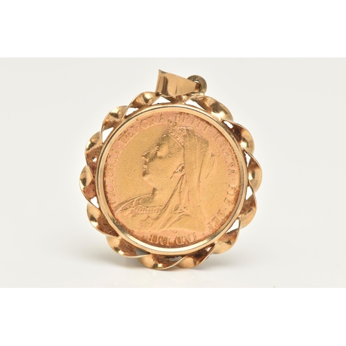 401 - A MOUNTED LATE VICTORIAN FULL GOLD SOVEREIGN COIN, depicting Queen Victoria, George And The Dragon r... 