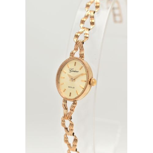 407 - A LADIES 9CT GOLD 'GENEVE' WRISTWATCH, quartz movement, oval gold dial signed 'Geneve Gold', baton m... 