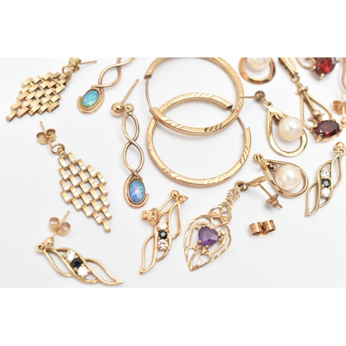 410 - SEVEN PAIRS OF EARRINGS AND TWO PENDANTS, to include a pair of yellow metal hoops stamped 9ct, two m... 