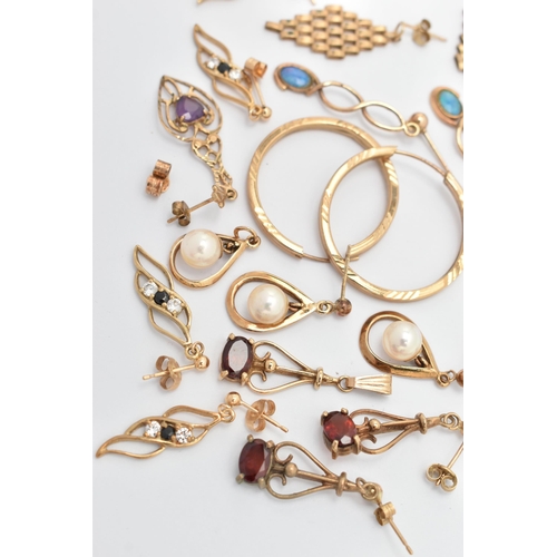 410 - SEVEN PAIRS OF EARRINGS AND TWO PENDANTS, to include a pair of yellow metal hoops stamped 9ct, two m... 