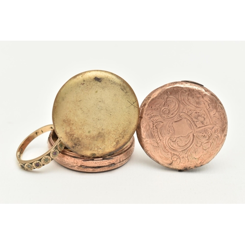 412 - A 9CT GOLD GEM SET RING AND A YELLOW METAL OPEN FACE POCKET WATCH, the ring set with a row of altern... 