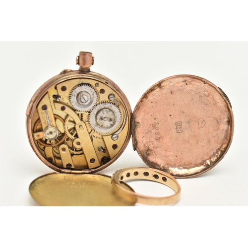 412 - A 9CT GOLD GEM SET RING AND A YELLOW METAL OPEN FACE POCKET WATCH, the ring set with a row of altern... 