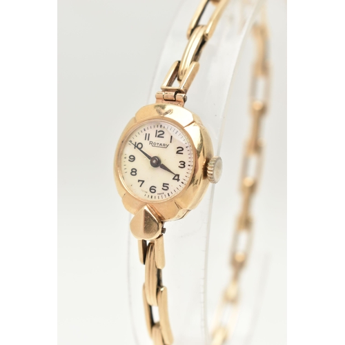 415 - A LADIES 9CT GOLD 'ROTARY' WRISTWATCH, manual wind, round mother of pearl dial signed 'Rotary', Arab... 