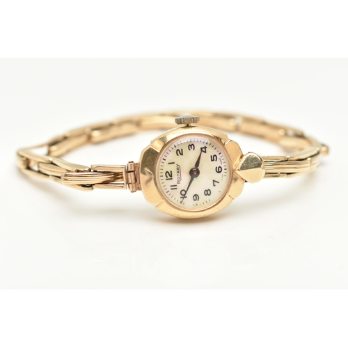 415 - A LADIES 9CT GOLD 'ROTARY' WRISTWATCH, manual wind, round mother of pearl dial signed 'Rotary', Arab... 