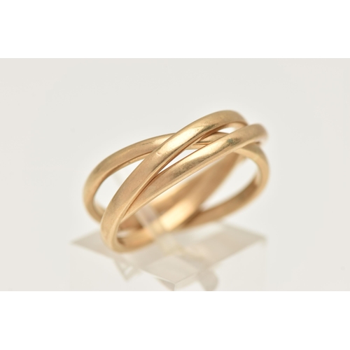 419 - A YELLOW METAL INTERLOCKING RING, three plain polished yellow metal band rings interlocked, unmarked... 