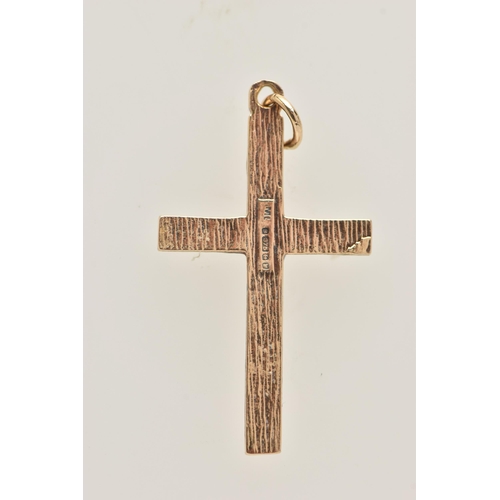 421 - A 9CT GOLD CROSS PENDANT, a yellow gold textured cross pendant, approximate length 32mm, hallmarked ... 