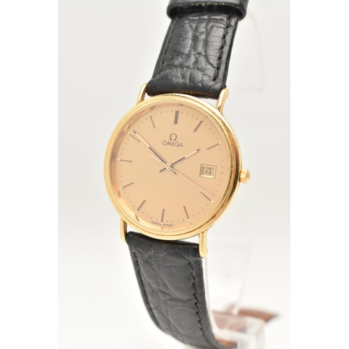 434 - AN 18CT GOLD GENTS 'OMEGA' WRISTWATCH, quartz movement, round gilt dial signed 'Omega', baton marker... 