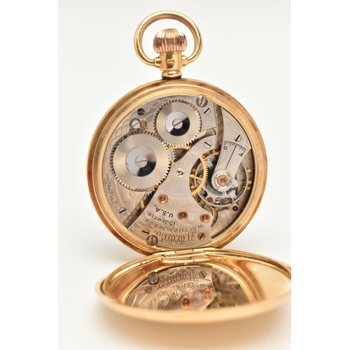 437 - AN 18CT GOLD OPEN FACE POCKET WATCH, manual wind, round white dial signed 'Waltham U.S.A', Roman num... 