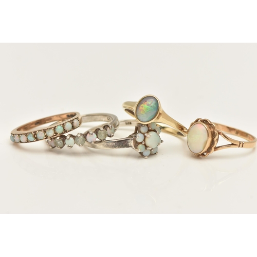 442 - THREE 9CT GOLD OPAL SET RINGS AND TWO WHITE METAL RINGS, to include an oval white opal cabochon ring... 