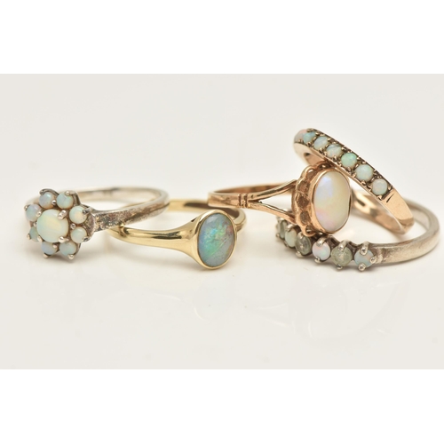 442 - THREE 9CT GOLD OPAL SET RINGS AND TWO WHITE METAL RINGS, to include an oval white opal cabochon ring... 