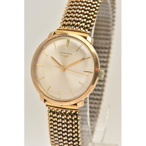 443 - A GENTS 9CT GOLD LONGINES WRISTWATCH, manual wind, round silvered dial signed Longines, baton ma... 