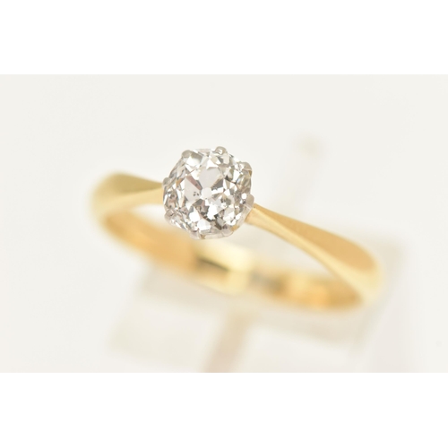 447 - A YELLOW METAL DIAMOND SINGLE STONE RING, set with an old cut diamond, measuring approximately 6.2mm... 