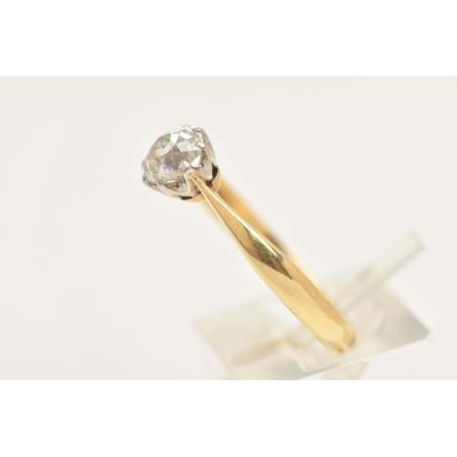 447 - A YELLOW METAL DIAMOND SINGLE STONE RING, set with an old cut diamond, measuring approximately 6.2mm... 