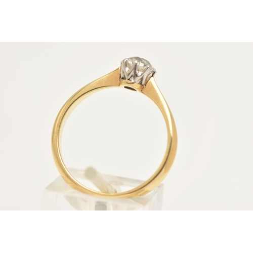 447 - A YELLOW METAL DIAMOND SINGLE STONE RING, set with an old cut diamond, measuring approximately 6.2mm... 