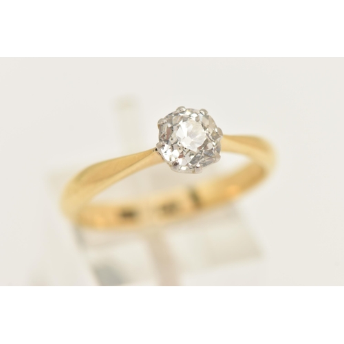 447 - A YELLOW METAL DIAMOND SINGLE STONE RING, set with an old cut diamond, measuring approximately 6.2mm... 