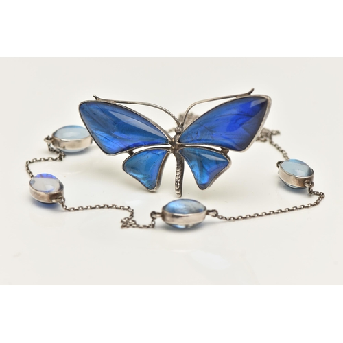 459 - A WHITE METAL BUTTERFLY WING BROOCH AND NECKLACE, the brooch in the form of a butterfly, fitted with... 