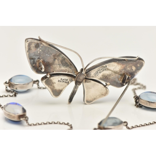 459 - A WHITE METAL BUTTERFLY WING BROOCH AND NECKLACE, the brooch in the form of a butterfly, fitted with... 