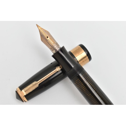 464 - A 'PARKER' VACUMATIC FOUNTAIN PEN, black case with personalisation 'C.HIRST', fitted with a hallmark... 