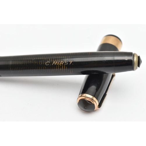 464 - A 'PARKER' VACUMATIC FOUNTAIN PEN, black case with personalisation 'C.HIRST', fitted with a hallmark... 