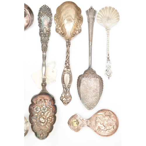 471 - A SELECTION OF WHITE METAL 800, EP/PLATED SPOONS, to include a floral pattern spoon stamped 'Sterlin... 