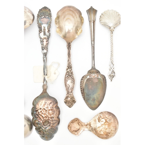 471 - A SELECTION OF WHITE METAL 800, EP/PLATED SPOONS, to include a floral pattern spoon stamped 'Sterlin... 