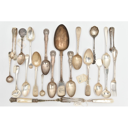 472 - AN ASSORTMENT OF SILVER SPOONS AND CUTLERY, to include various Georgian and Victorian pieces, assort... 