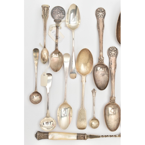 472 - AN ASSORTMENT OF SILVER SPOONS AND CUTLERY, to include various Georgian and Victorian pieces, assort... 