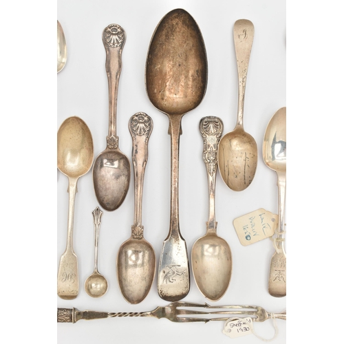 472 - AN ASSORTMENT OF SILVER SPOONS AND CUTLERY, to include various Georgian and Victorian pieces, assort... 