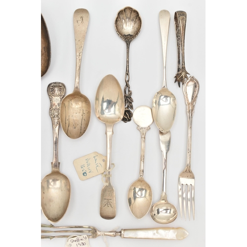 472 - AN ASSORTMENT OF SILVER SPOONS AND CUTLERY, to include various Georgian and Victorian pieces, assort... 