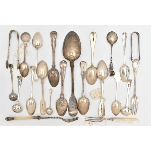 472 - AN ASSORTMENT OF SILVER SPOONS AND CUTLERY, to include various Georgian and Victorian pieces, assort... 