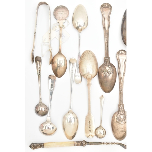 472 - AN ASSORTMENT OF SILVER SPOONS AND CUTLERY, to include various Georgian and Victorian pieces, assort... 