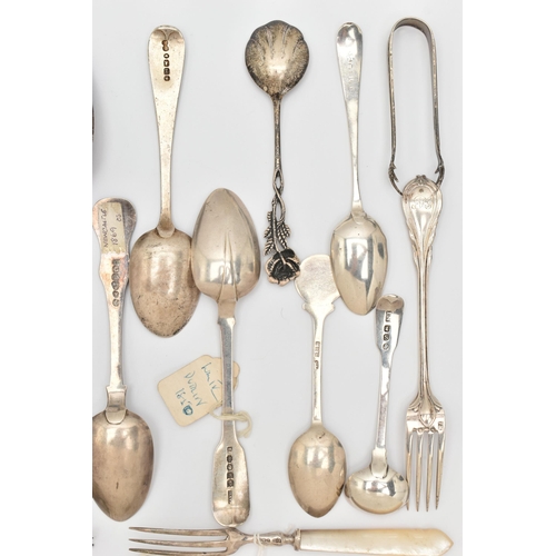 472 - AN ASSORTMENT OF SILVER SPOONS AND CUTLERY, to include various Georgian and Victorian pieces, assort... 