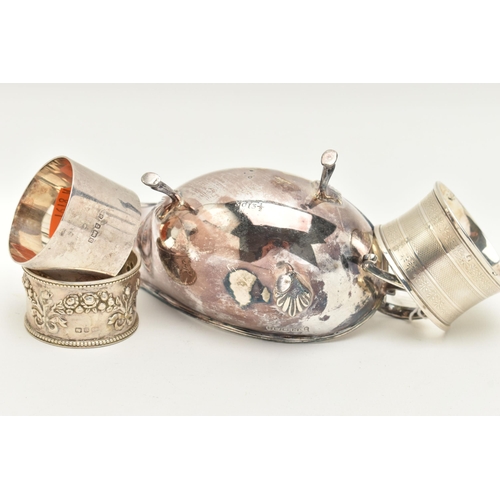 473 - A SILVER SAUCE BOAT, TWO SILVER NAPKIN RINGS AND ONE WHITE METAL NAPKIN RING, the polished form sauc... 