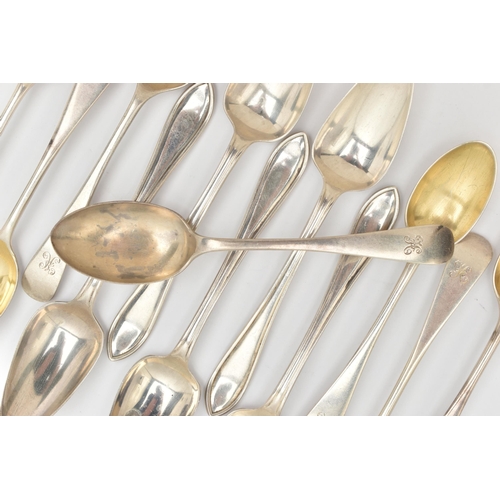 474 - A SELECTION OF SILVER TEASPOONS, to include five old English pattern spoons, with gilt bowls and eng... 