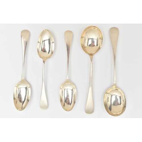 475 - THREE LATE VICTORIAN SILVER TABLESPOONS AND TWO 1960's SOUP SPOONS, old English pattern tablespoons ... 