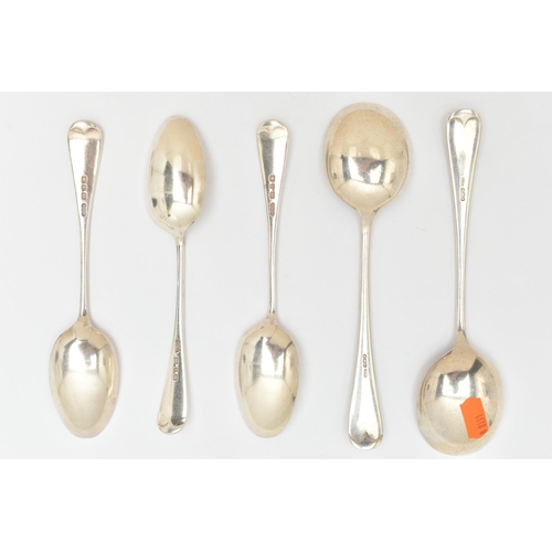 475 - THREE LATE VICTORIAN SILVER TABLESPOONS AND TWO 1960's SOUP SPOONS, old English pattern tablespoons ... 