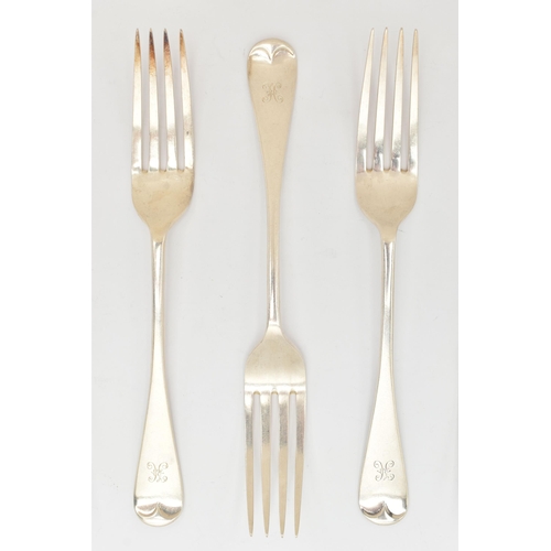 476 - A SET OF SIX LATE VICTORIAN SILVER TABLE FORKS, Hanoverian pattern, each engraved with the initial '... 