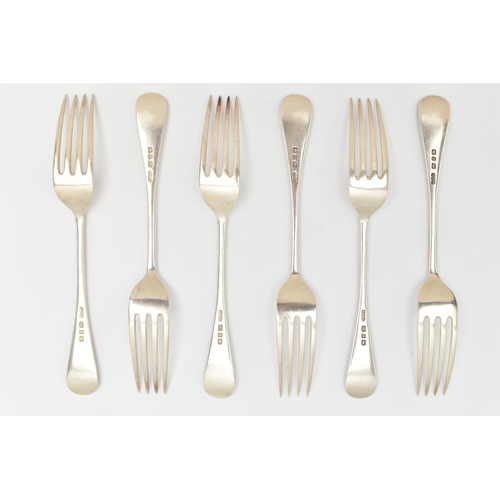 476 - A SET OF SIX LATE VICTORIAN SILVER TABLE FORKS, Hanoverian pattern, each engraved with the initial '... 