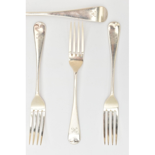 477 - A SET OF FIVE LATE VICTORIAN SILVER FORKS AND A TABLESPOON, Hanoverian pattern, each piece engraved ... 