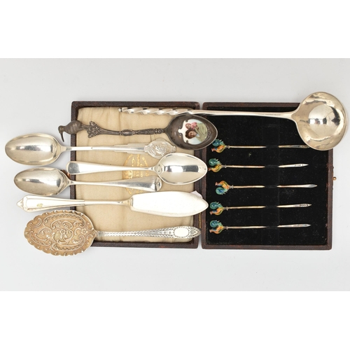 478 - A SELECTION OF SILVER CUTLERY PIECES, to include a cased set of five silver toothpicks, each termina... 