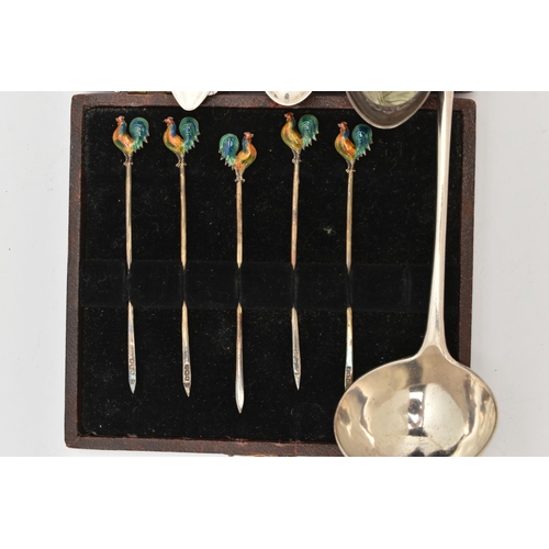 478 - A SELECTION OF SILVER CUTLERY PIECES, to include a cased set of five silver toothpicks, each termina... 