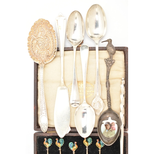 478 - A SELECTION OF SILVER CUTLERY PIECES, to include a cased set of five silver toothpicks, each termina... 