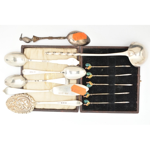 478 - A SELECTION OF SILVER CUTLERY PIECES, to include a cased set of five silver toothpicks, each termina... 