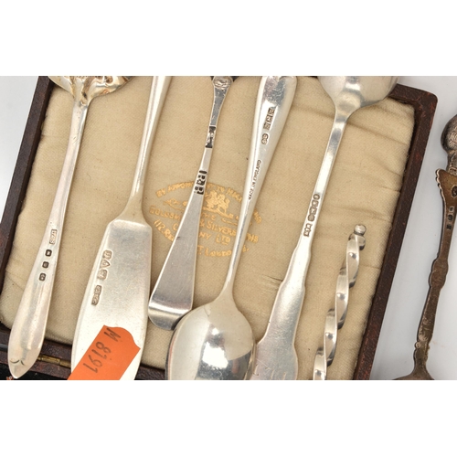 478 - A SELECTION OF SILVER CUTLERY PIECES, to include a cased set of five silver toothpicks, each termina... 