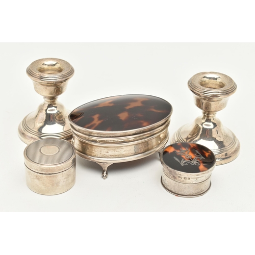 479 - A SELECTION OF SILVER ITEMS, to include a pair of silver dwarf candle sticks on round weighted bases... 