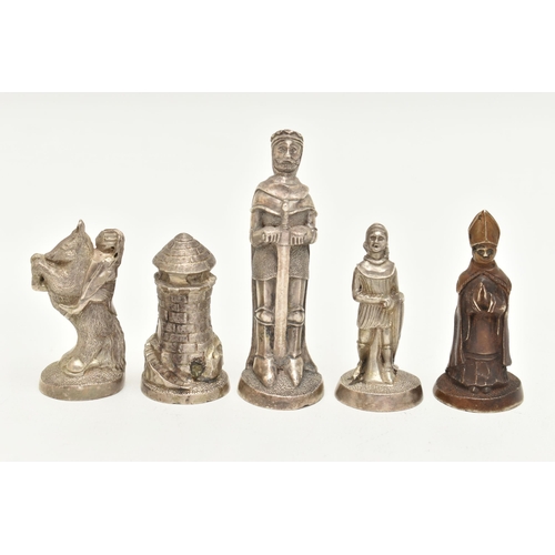 482 - FIVE WHITE METAL MEDIEVAL CHESS PIECES, to include a king stamped 'Silver', approximate gross weight... 