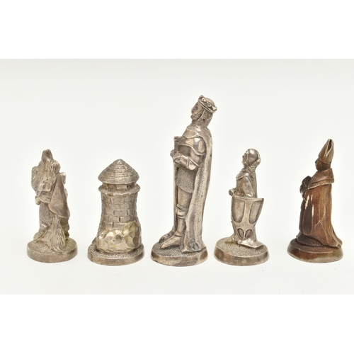 482 - FIVE WHITE METAL MEDIEVAL CHESS PIECES, to include a king stamped 'Silver', approximate gross weight... 