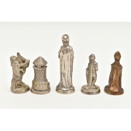 482 - FIVE WHITE METAL MEDIEVAL CHESS PIECES, to include a king stamped 'Silver', approximate gross weight... 