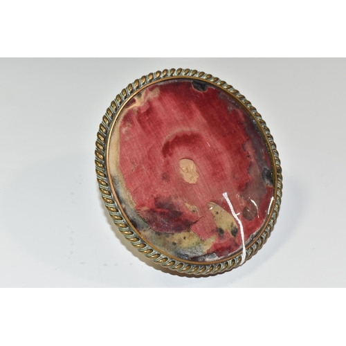 773 - A NINETEENTH CENTURY BRASS INKWELL, of circular form with rope style edging, and a Pietra dura flora... 